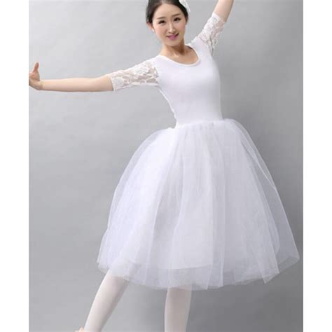Ballet Dance Wear White Lace Half Sleeves Tutu Skirted Womens Adult