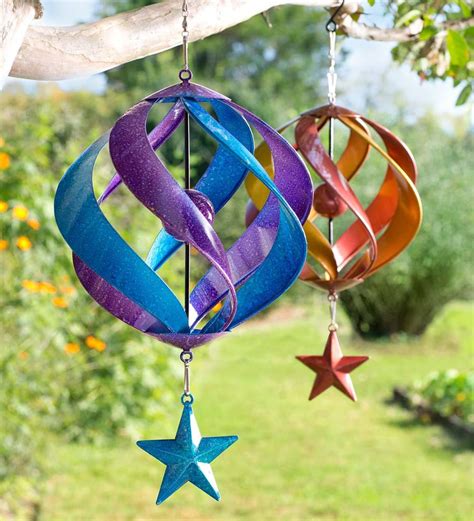 Hanging Two Tone Metal Spiral Wind Spinner With Star Blue Wind And