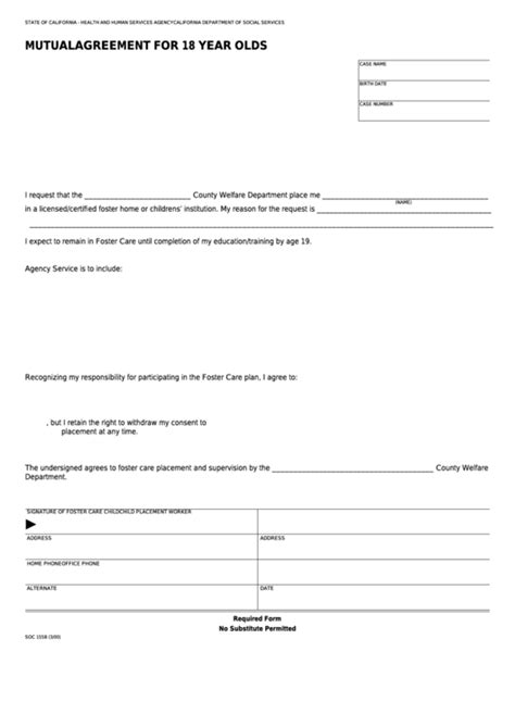 Fillable Form Soc 155b Mutual Agreement For 18 Year Olds Printable