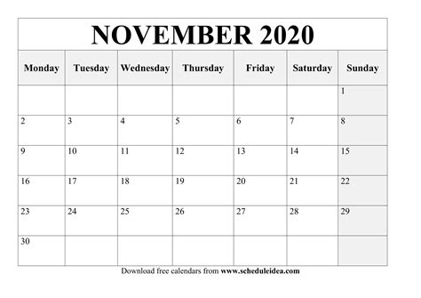 November 2020 Printable Calendar Editable Templates Pdf