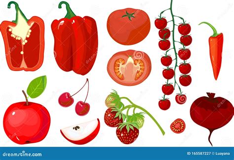 Big Set Of Different Red Fruits And Vegetables Stock Vector