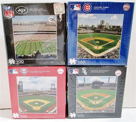 4 Fundex 100 Piece Puzzles 3 Baseball 1 Football Phillies Cubs White