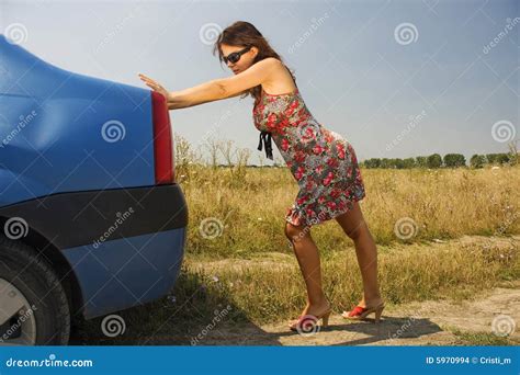 Young Woman Pushing A Car Stock Photo Image Of Push Mobile 5970994