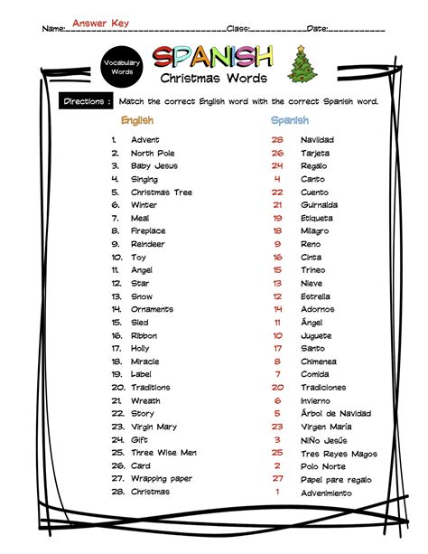 Spanish Christmas Vocabulary Matching Worksheet And Answer Key Made By