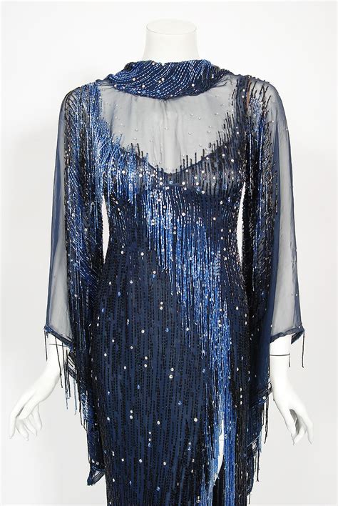 1970s Bob Mackie For Debbie Reynolds Documented Blue Beaded Silk High Slit Gown For Sale At 1stdibs