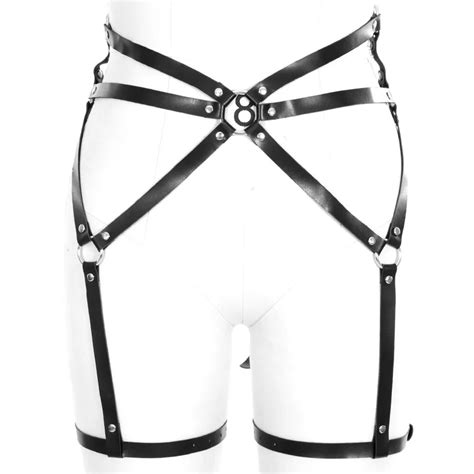 Body Cage Black Leather Garter Belt Leg Stockings Suspenders Garter