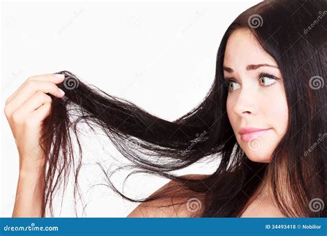 Brunette Woman Is Not Happy With Her Fragile Hair Stock Photo Image