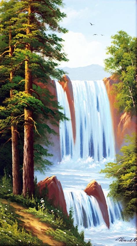Купить картину маслом на холсте Водопад в лесу Размер 50 × 90 см без