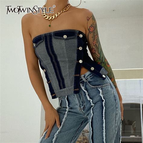 Twotwinstyle Sexy Hit Color Denim Vests For Women Slash Neck Sleeveless Korean Slim Split Tank