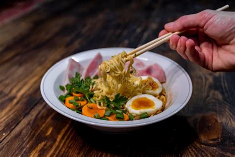 Ramen With Chopsticks In A Large White Bowl Stock Image Image Of