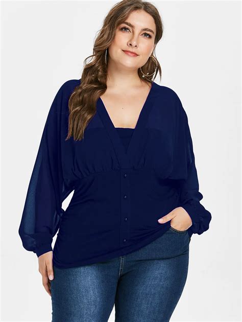 Wipalo Women See Through Plus Size Button Embellished Blouse Plunging Neck Lantern Sleeves