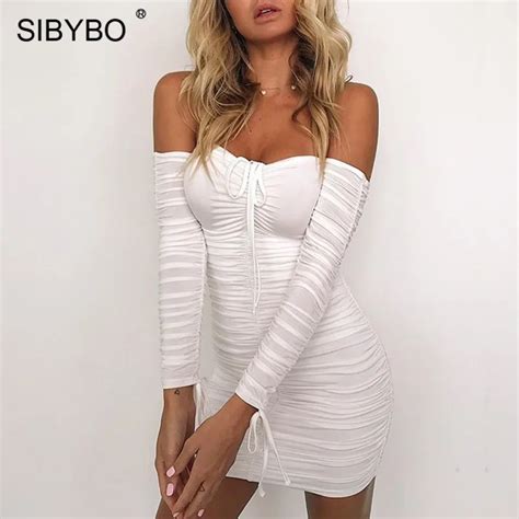 Sibybo Off Shoulder Strapless Sexy Bodycon Dress Autumn Winter Long Sleeve Sheath Club Party