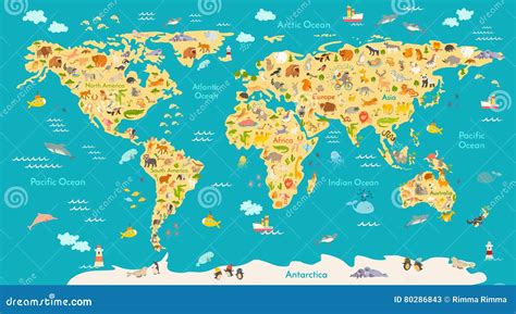 Animal Map For Kid World Vector Poster For Children Cute Illustrated