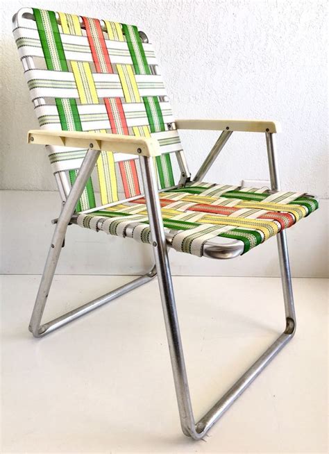 Vtg Aluminum Metal Webbed Folding Lawn Beach Chair Green Yellow Orange Mcm Unbranded Benches