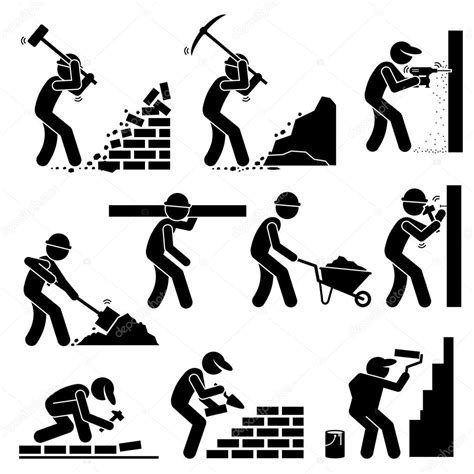 Set Of Vector Stick Man Pictogram Representing Builders And