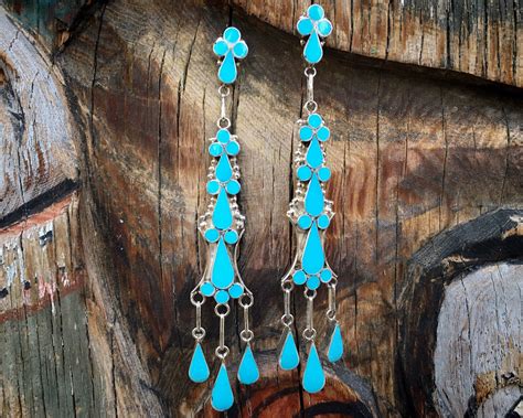 Long Signed Zuni Silver Turquoise Inlay Earrings For Women Native
