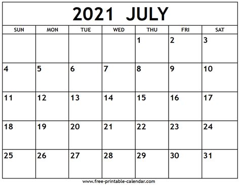 Printable Calendar July 2021 To June 2021 2021 Printable Calendars