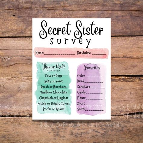 Secret Sister Printable Survey Questionnaire For Secret Etsy Secret Sisters Sisters