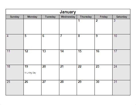 Microsoft Word Yearly Calendar Template