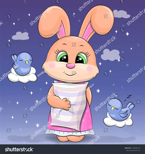 Cute Cartoon Baby Rabbit Holds A Pillow Night Royalty Free Stock
