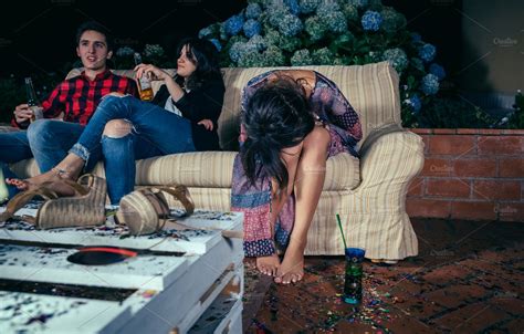 Young Drunk Woman Sitting In The Sofa On A Party High Quality People