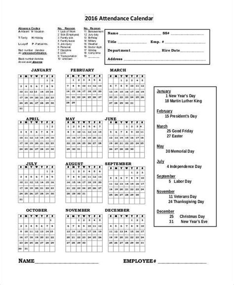 Attendance Calendar Templates Calendar Template Monthly Calendar
