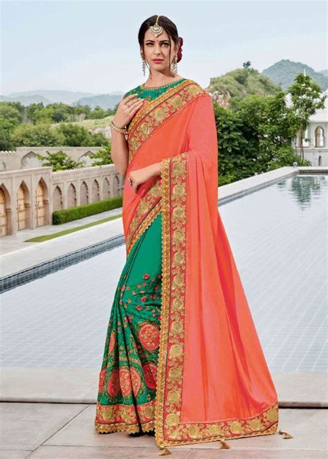 Dazzling Pink And Green Color Two Tone Silk Satin Saree Gunj Fashion Saree Designs Satin