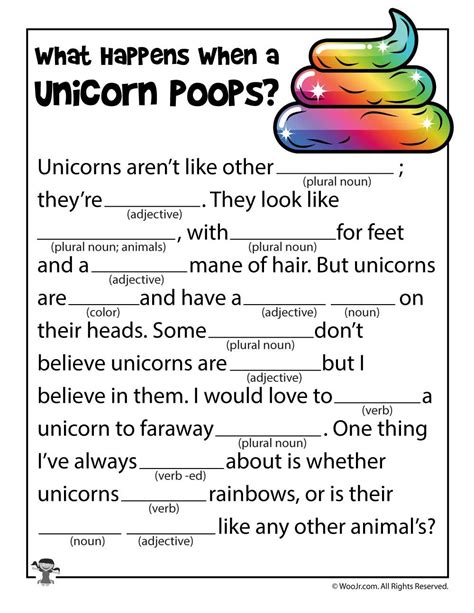 Students determine the correct part of speech to use. Printable Unicorn Mad Libs | Woo! Jr. Kids Activities | Kids mad libs, Funny mad libs, Mad libs