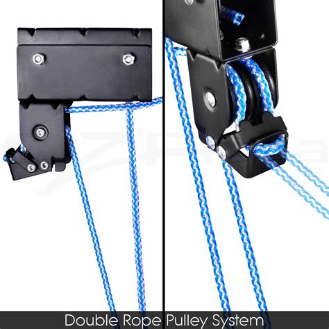 Bicycle hoisted and excess pulley rope attached to wall holder. Kayak Hoist Bike Lift Pulley System Garage Ceiling Storage Rack Capacity 60KG