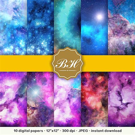 Watercolor Nebula Galaxy Digital Paper Sparkle And Glitter Star Night