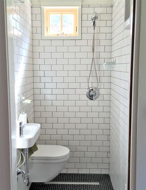 Tiny Bathroom Wall Hung Toilet And Sink Subway Tile Black Hex Floor