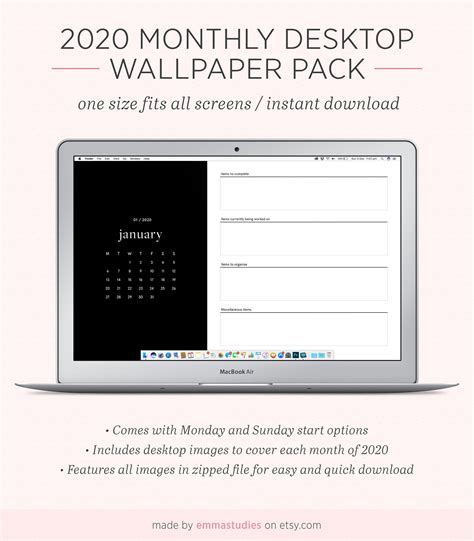 2020 Monthly Calendar Desktop Wallpaper Background File Etsy