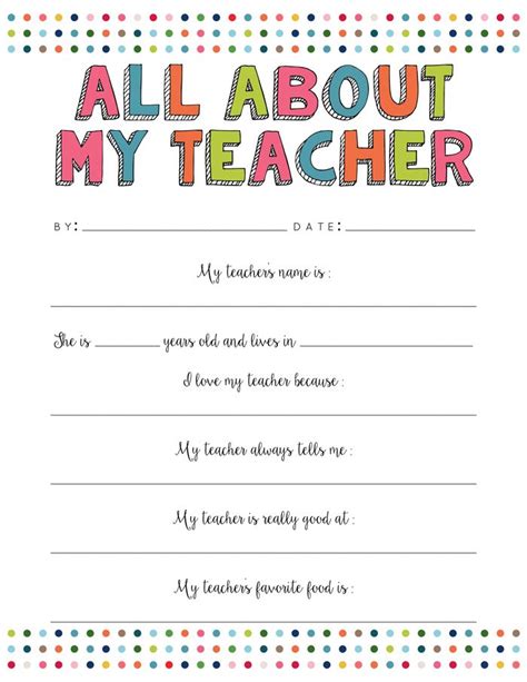 All About My Teacher Free Printable Yellow Bliss Road Teacher