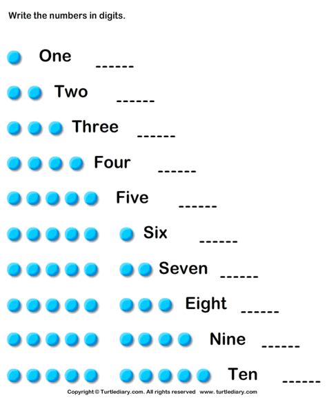 They can trace, count, write, and color numbers from one to ten in a variety of cute worksheets. Number Names up to Ten Worksheet - Turtle Diary