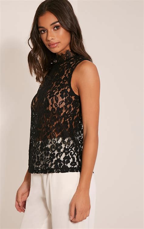 Edith Black Lace Vest Top Tops Prettylittlething Prettylittlething