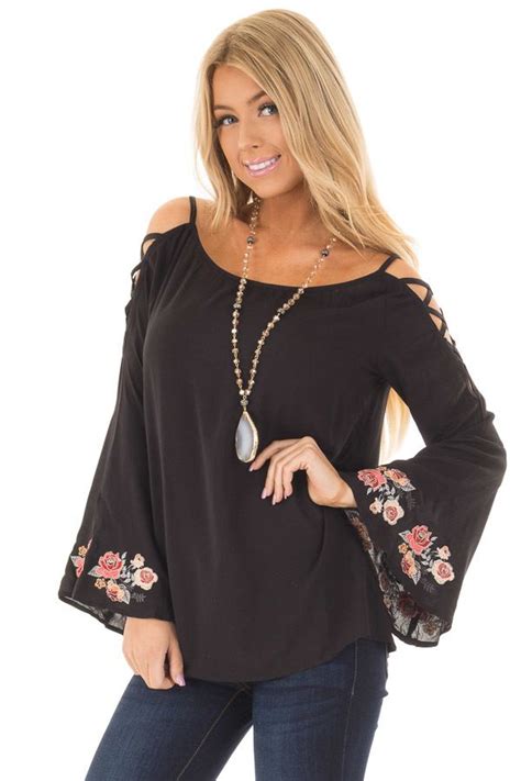 Lime Lush Boutique Black Cold Shoulder Top With Floral Embroidery