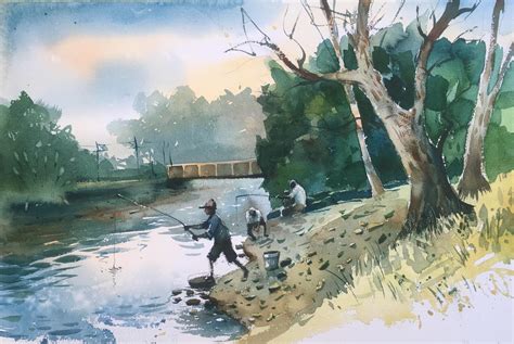 Fishing Watercolor On Paper Size 15 X 22 Inches Rwatercolor