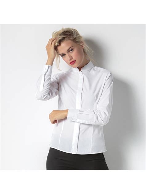 plain women s mandarin collar fitted shirt long sleeve kustom kit 115 gsm
