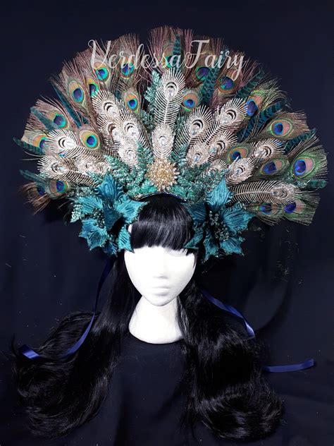 Peacock Feather Headdress Large Peacock Feather Headpiece Etsy