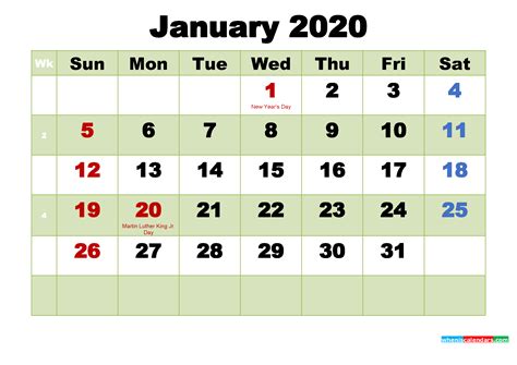 Free January 2020 Printable Calendar Template Word Pdf