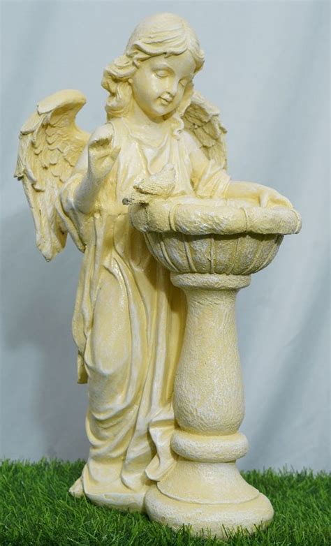 Cylindrical Yellowish White Resin Bird Feeder Angel Statue For