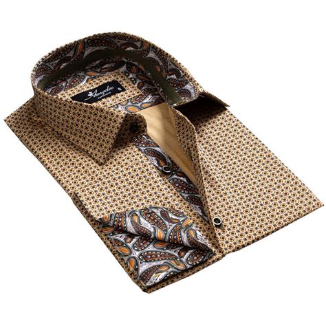 Brownish Gold Paisley Mens Slim Fit French Cuff Dress Shirts With