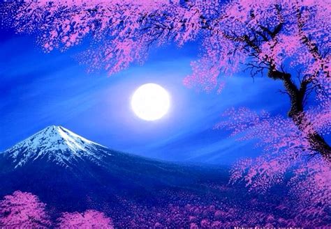 Cherry Blossoms And Moon Art Beautiful Moon Moon Painting Mountain