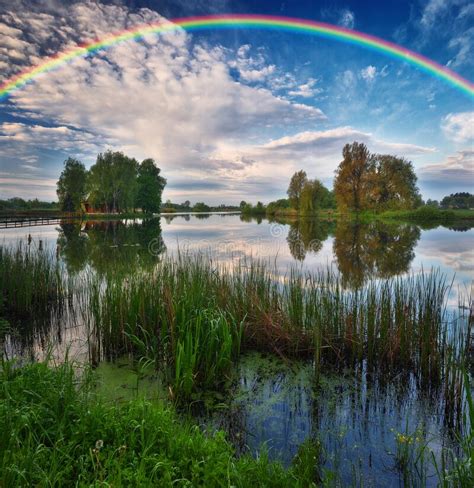 Landscape With A Rainbow On The River In Spring Stock Image Image Of