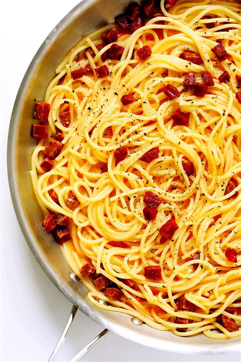 This creamy pasta dish gains most of its big flavour from chorizo it colours the creamy pasta sauce and infuses it. Spanish Chorizo Spaghetti Carbonara | Gimme Some Oven