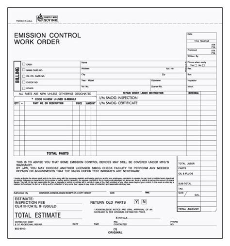 Emission Test Work Order Form Smog Control Order Designsnprint