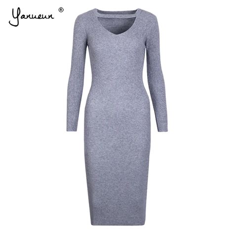 Yanueun Autumn Winter Womens Sweater Dress Long Sleeves Fashion V Neck