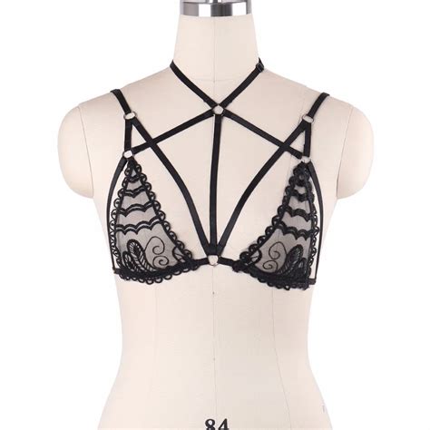 Fetish Black Lace Sheer See Through Cage Bralette Sexy Elastic Crop Top
