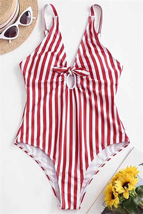 Zaful Striped Knot Plunge One Piece Swimsuit Red In 2020 One Piece