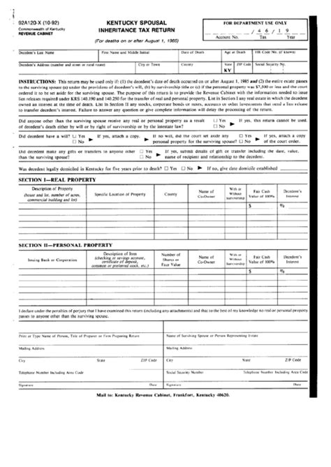 Form 92a120 X Kentucky Spousal Inheritance Tax Return Printable Pdf